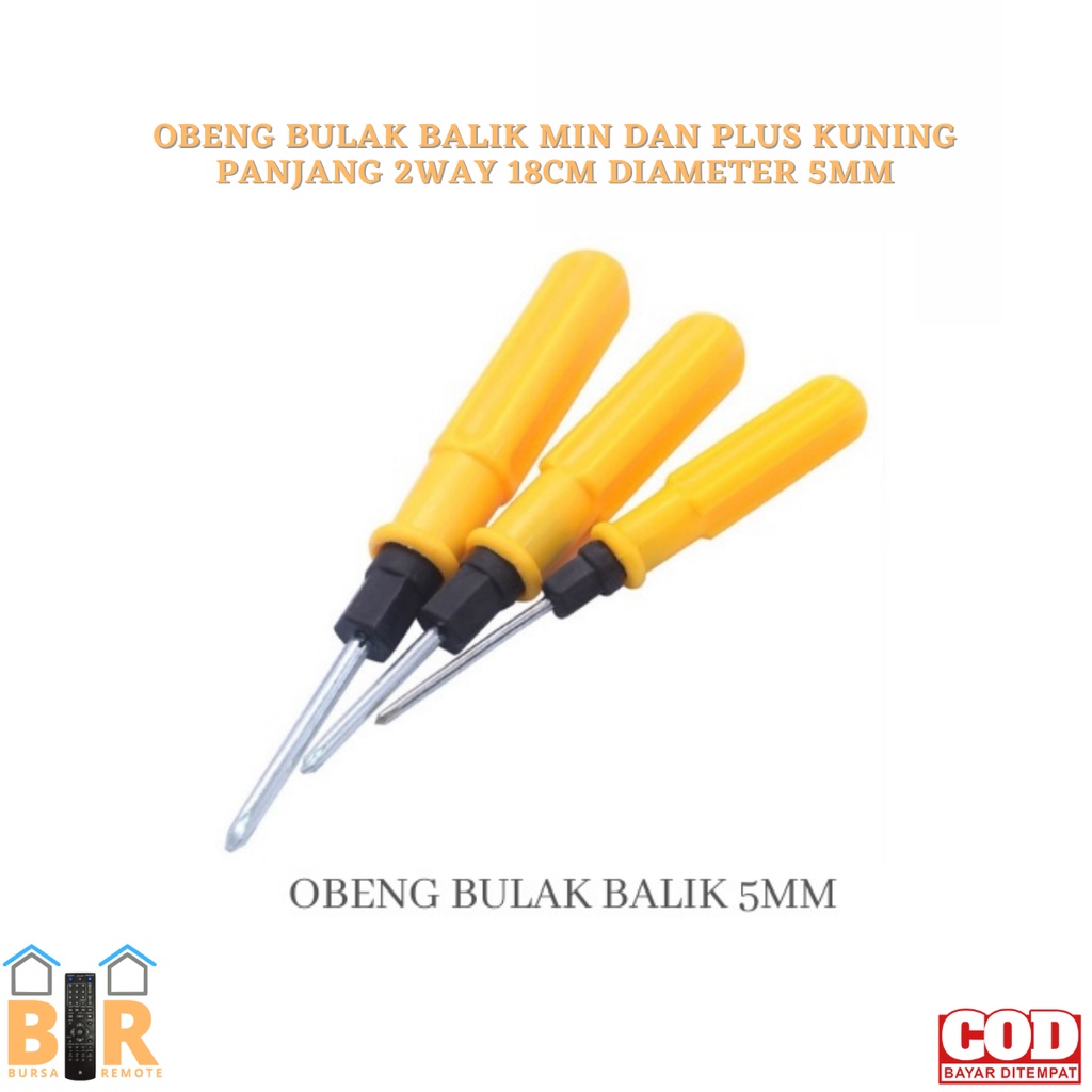 OBENG BULAK BALIK MIN DAN PLUS KUNING PANJANG 2WAY 17CM DIAMETER 5MM