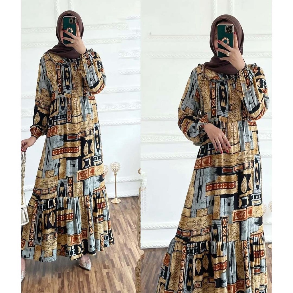 GAMIS MAXI DRESS RAYON PREMIUM LD 100 - 110 HOMEYDRESS BUSUI BAJU GAMIS SERAGAM MOTIF TERBARU V.2-ELVI DRESS