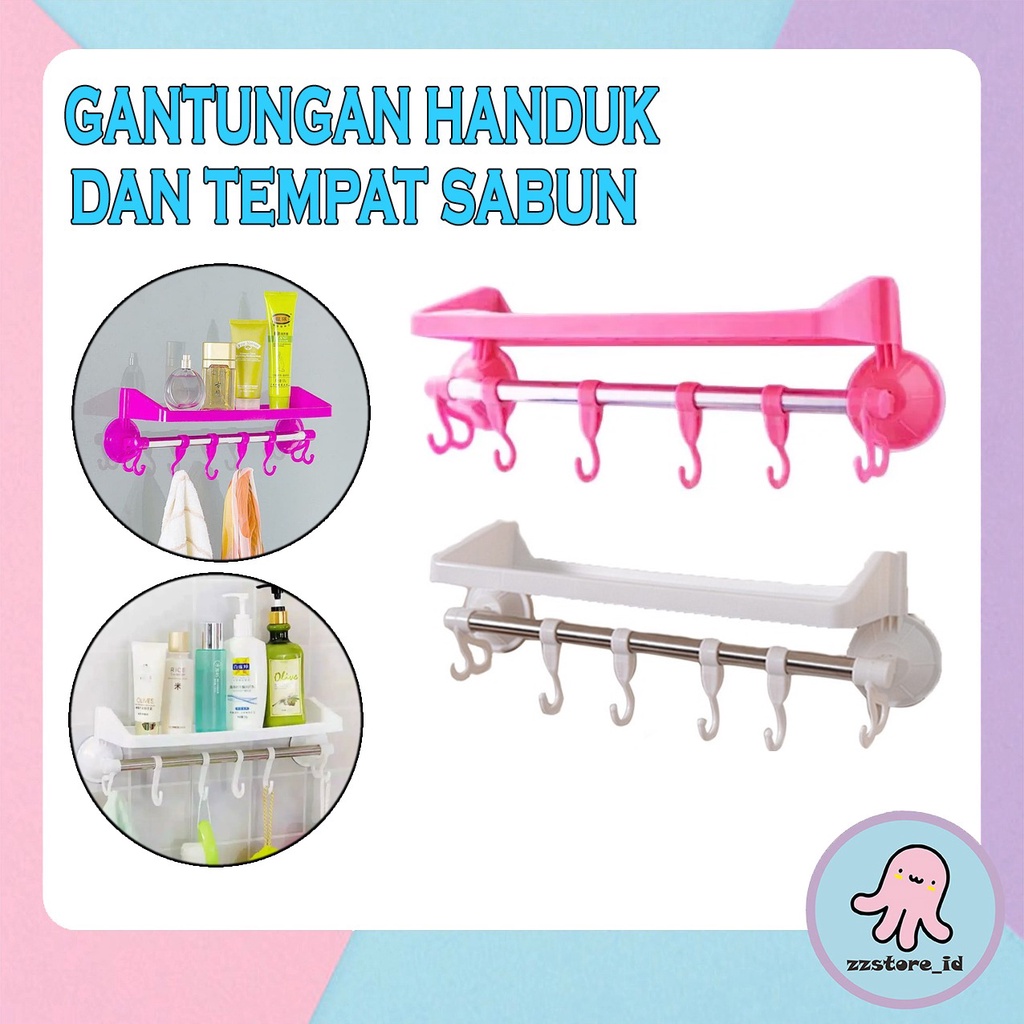 Rak Holder Gantung Handuk dan Tempat Sabun Shampoo Tempel Dinding Kamar Mandi Dapur 2IN1 / Holder Tempat Shampo Spons Baju Botol Kecap Peralatan Bumbu / Silicone Suction Vakum Tanpa Paku