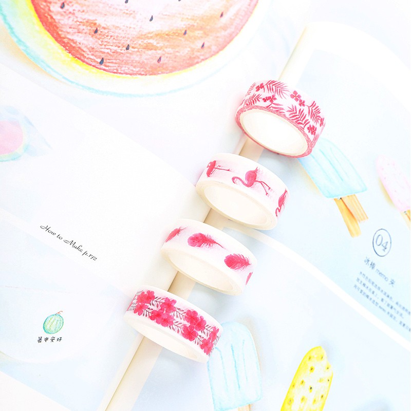 

Masking Tape Set 4pc Pink Nature 4 Rol Selotip in 1 Motif Gambar Flamingo Bunga Daun Warna Pink