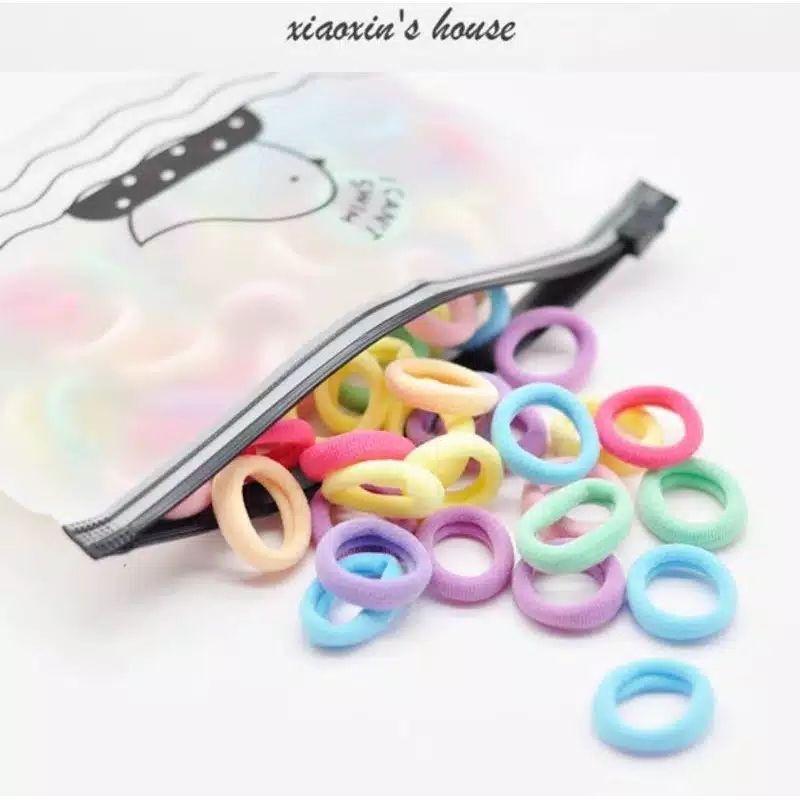 [ COD ] 100Pcs dan 50pcs Ikat Rambut + POUCH Lucu / Ikat Karet Donat Polos Warna Warni-50pcs mini pastel