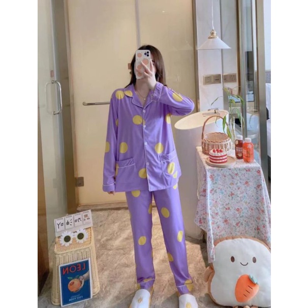 BAJU TIDUR WANITA DEWASA/PIYAMA RENDA PP/BAJU TIDUR IMPORT MURAH-Kerah lilac polka