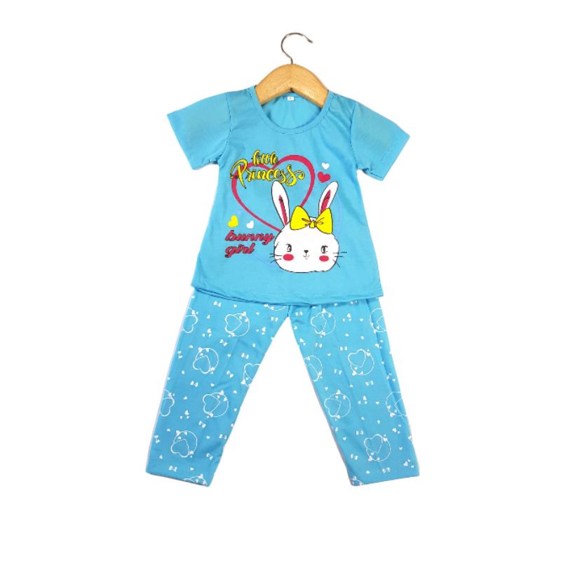 SETELAN SIKUNING PAKAIAN BAJU ANAK PEREMPUAN 2-7 TAHUN MOTIF  LITTLE PRINCES BUNNY GIR LENGAN PENDEK