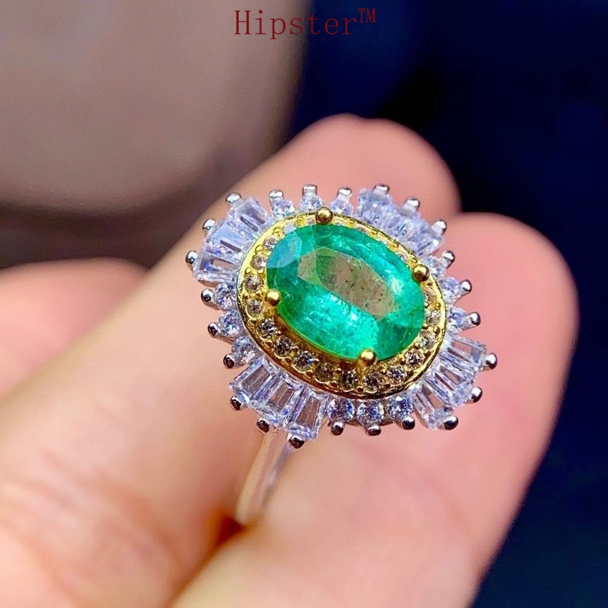 Hot Sale Natural Emerald Luxury Full Diamond Colored Gems Adjustable Ring