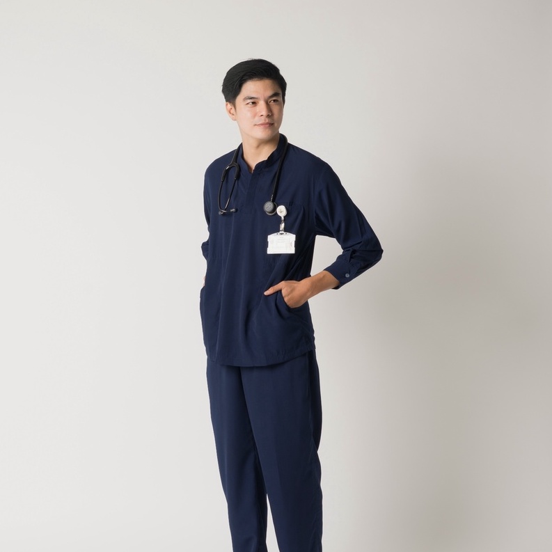 Baju Jaga MANDARIN LS - DARK BLUE Scrubs Theatre Blues First Line Lengan Panjang