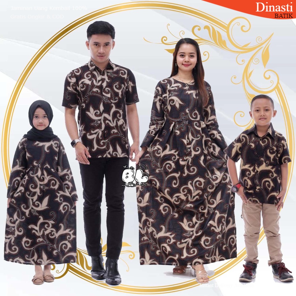 Baju Keluarga Komplit - Batik Keluarga HIjab - Ibu Bapak Anak - Motif Tanaman Kangkung Hitam - Dress