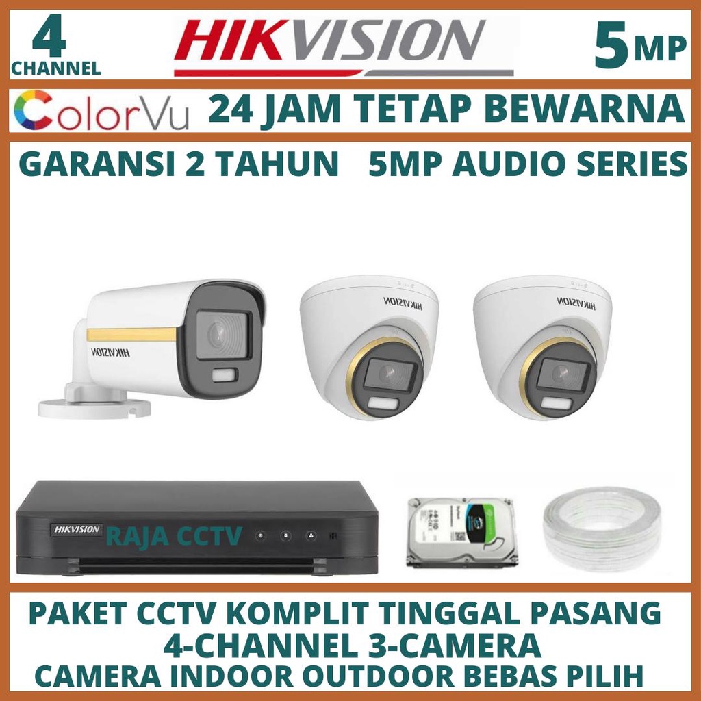 PAKET CCTV HIKVISION 5MP COLORVU AUDIO 4 CHANNEL 3 CAMERA