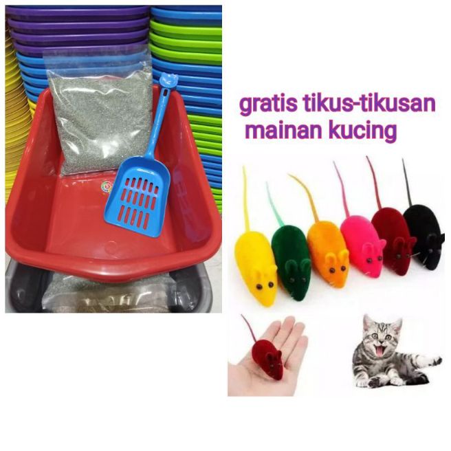 Paket Murah Bak Pasir Kucing,Serokan/Sekup dan Pasir Zeolit 1kg Gratis Tikus-tikusan Mainan Kucing /Kotak Pasir Kucing