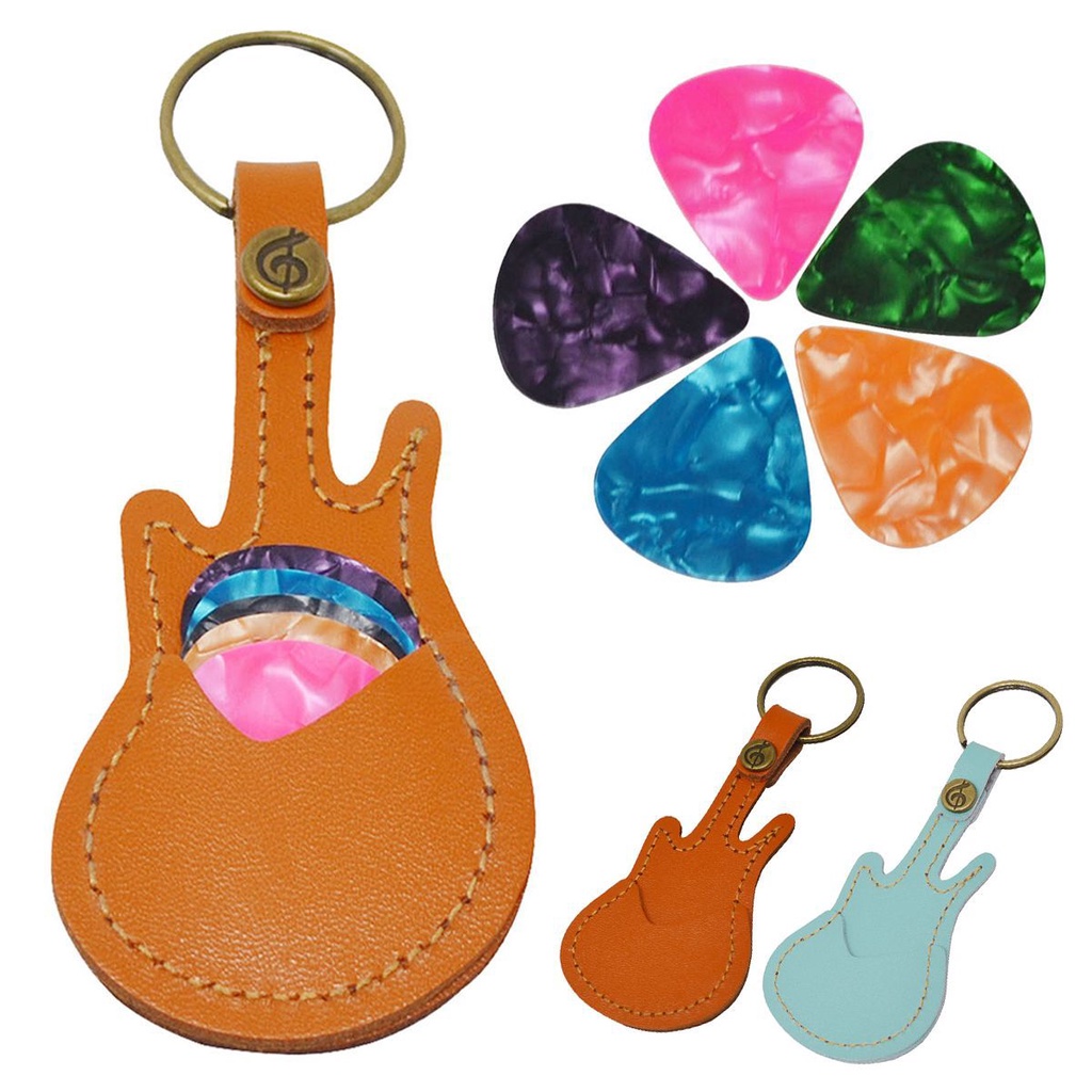 Gantungan Kunci Holder Pick Gitar Bahan Kulit Asli 2 Warna Dengan 5 Pick