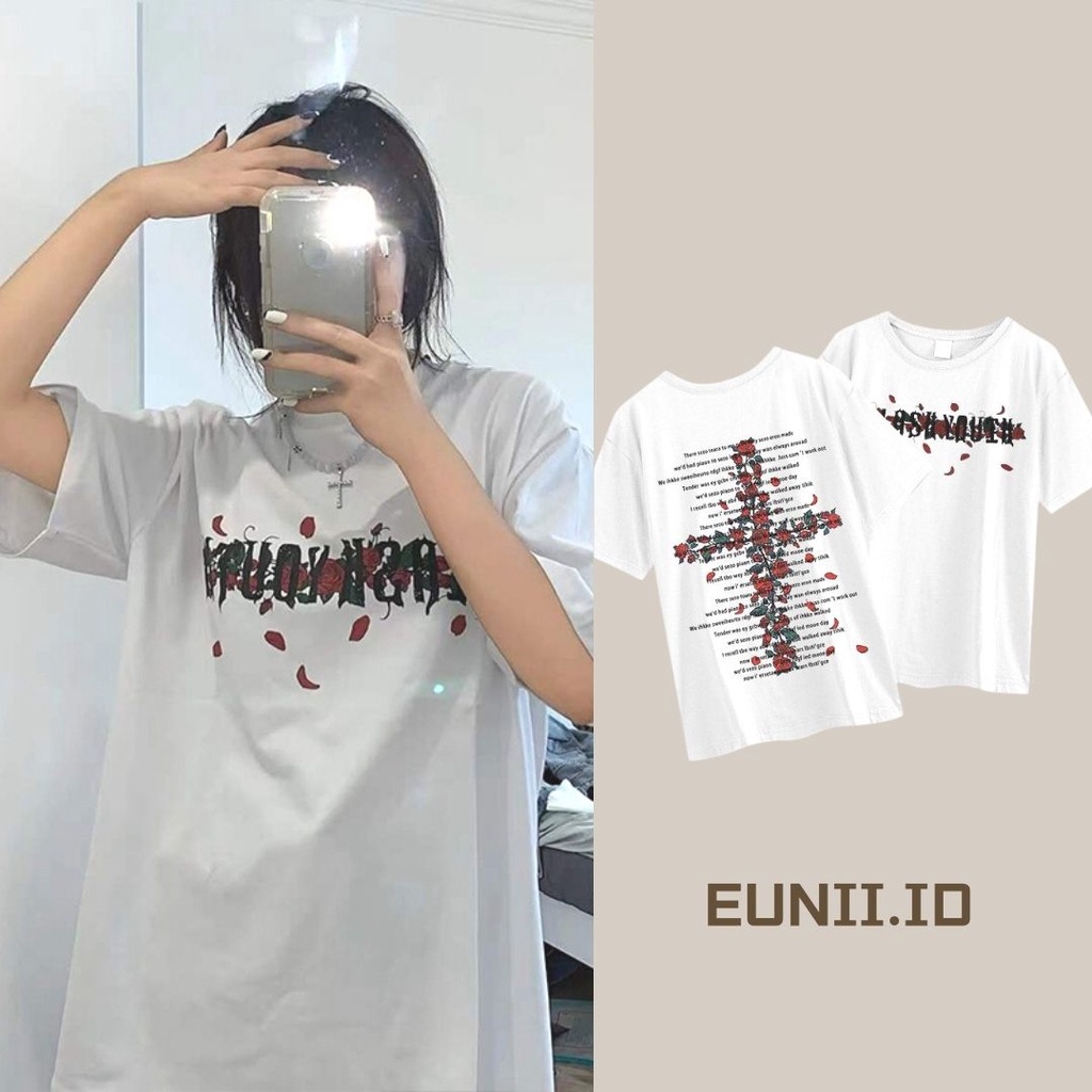 EUNII T-shirt Lengan Pendek Retro Mawar Menyeberang Pencetakan Longgar Korean Style/Kaos Atasan Wanita/Baju Kaus Oversize Wanita