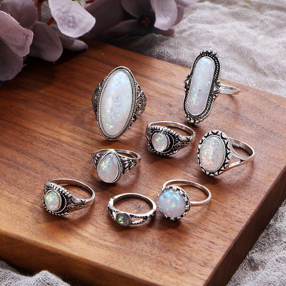 Top 8pcs/set Wanita set Cincin Fashion Baru Batu Opal Ukir Warna Perak Bohemian Perhiasan