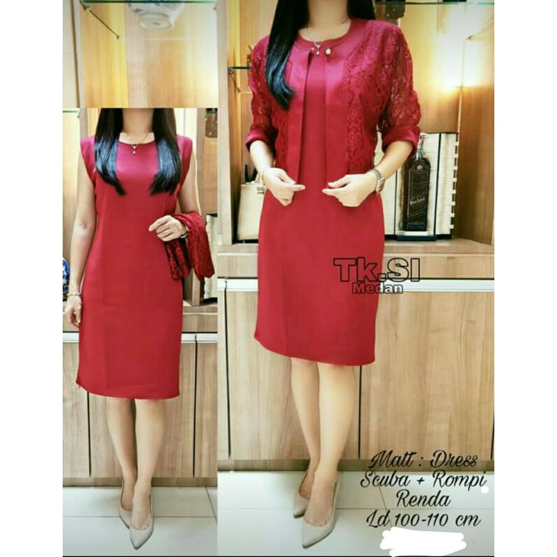 (Bisa COD) Dress Natal / Dres Scuba Rompi Brokat Best Seller