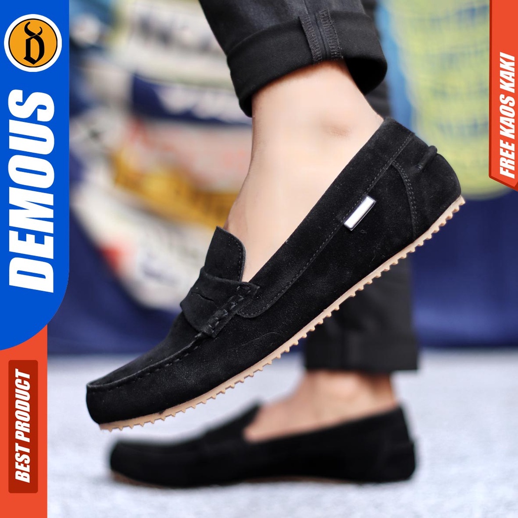 Demous Noah Sepatu Slip on Pria Santai Casual Formal Suede Kerja Kantor Kuliah Hitam