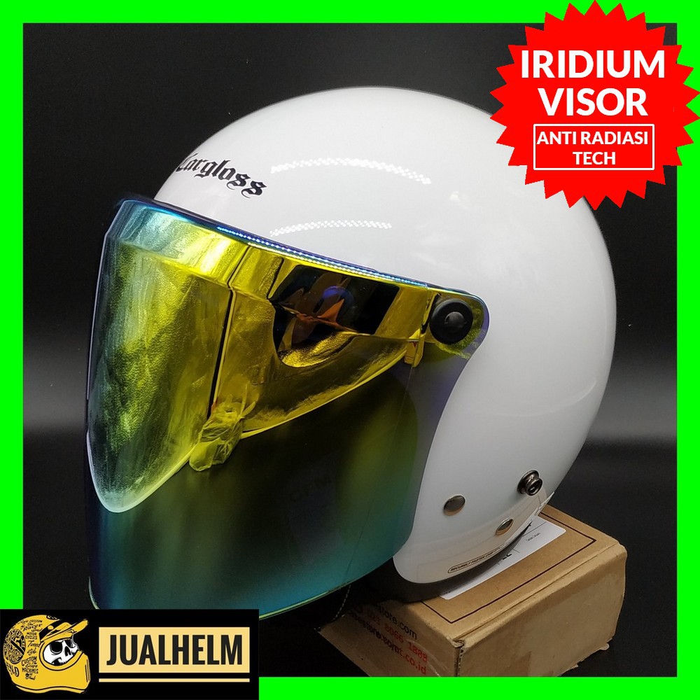 Helm Cargloss Retro Super Whity White Glossy + Kaca Snail Iridium Gold