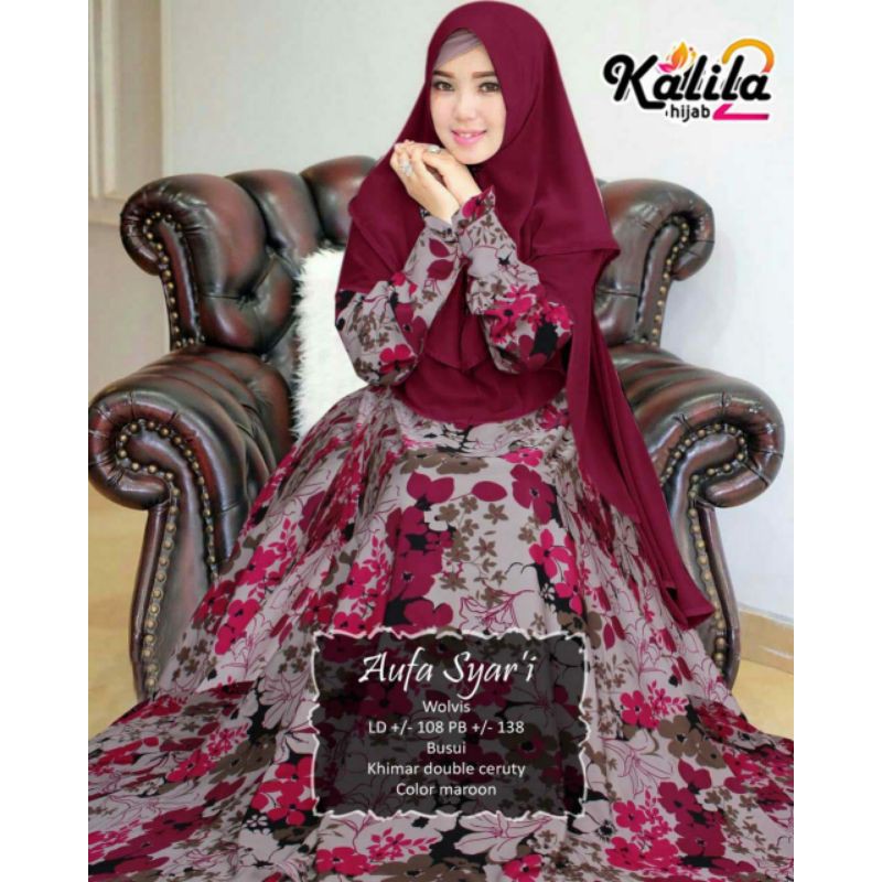 Aufa gamis syari original kalila termurah setelan gamis motif bahan wolfis