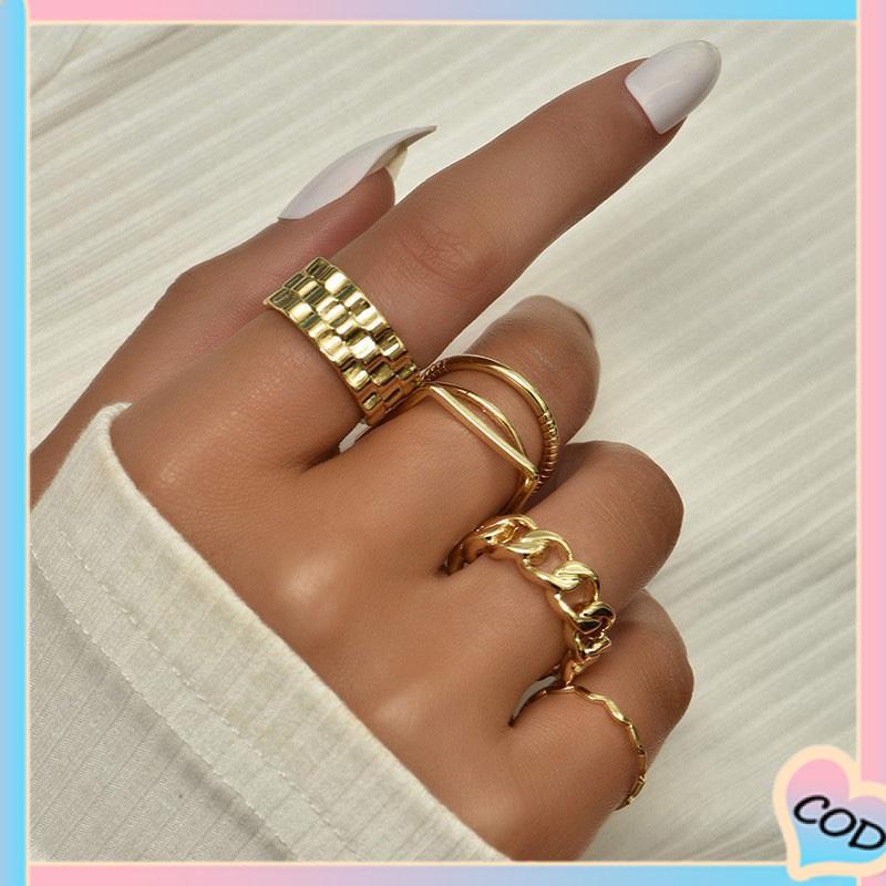 COD❤️ 4pcs / Set Cincin Jari Telunjuk Bentuk Geometris Gaya Retro Untuk Wanita-A.one