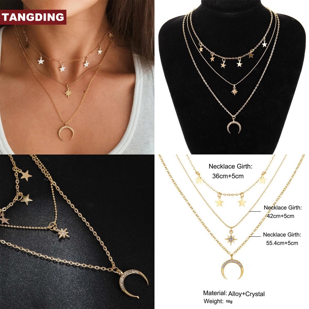 (Cod Tangding) Kalung Rantai Banyak Lapis Dengan Liontin Bintang + Bulan Sabit Gaya Retro Untuk Wanita