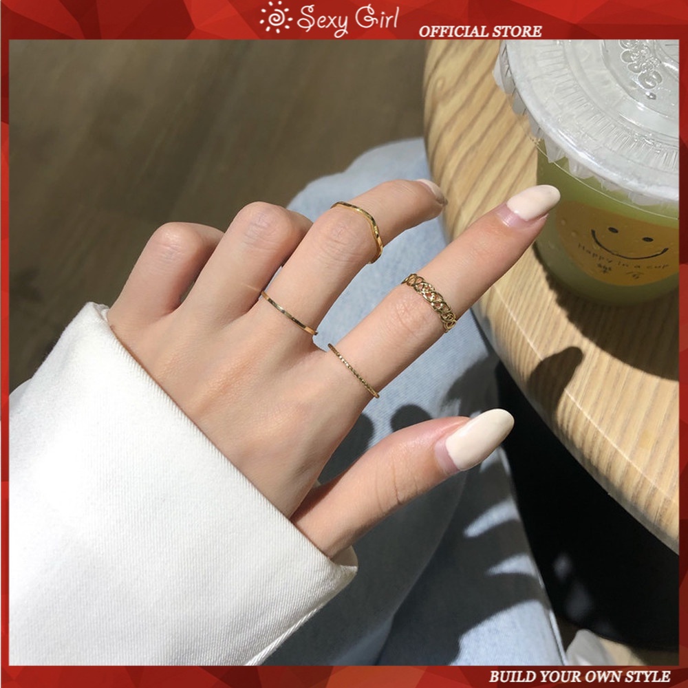 4pcs / Set Cincin Jari Kombinasi Model Twist Wave Gaya Korea Untuk Wanita