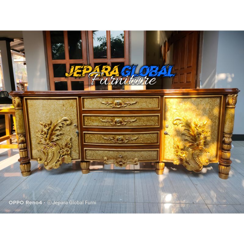 Bufet Ukir jati kiansantang combi marmer (meja tv ,nakas jati,bufet ukir mewah,bufet jati ukir )