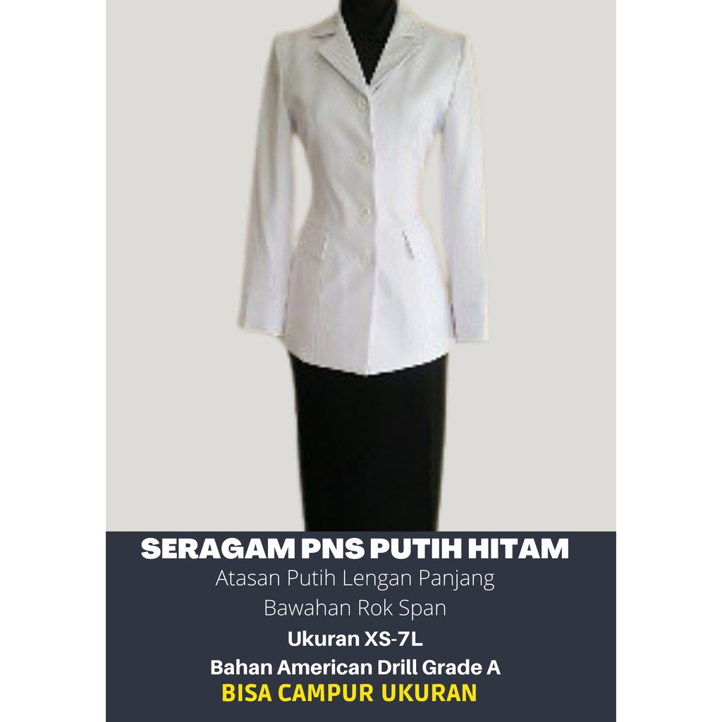 Seragam PNS PDH Pemda Wanita Hitam Putih Saku Bawah Ukuran XS - 7L American Drill Lengan Panjang