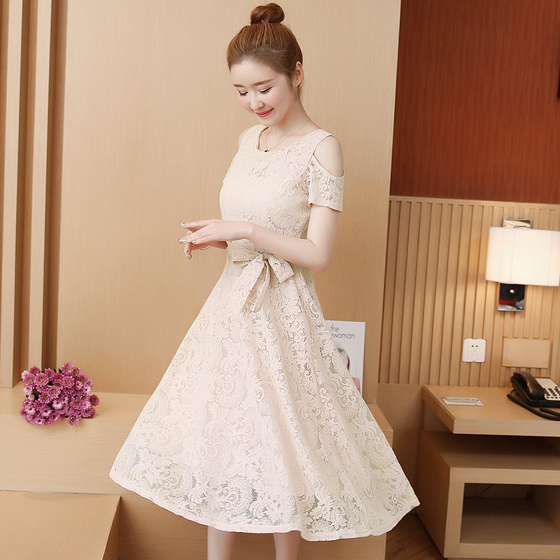 \u2764Dress Midi Model Off Shoulder Gaya Korea Elegan Bahan Lace untuk Wanita / Pesta / Musim Panas