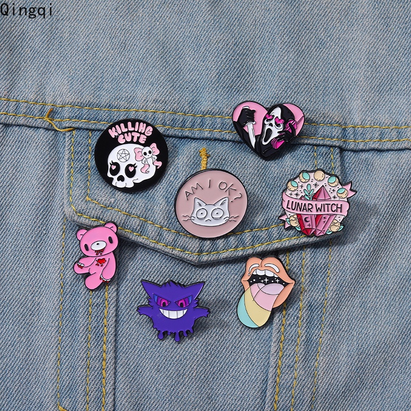 Bros Pin Enamel Desain Kartun Beruang Pink Tengkorak Bibir Warna-Warni Gaya Punk Untuk Pakaian