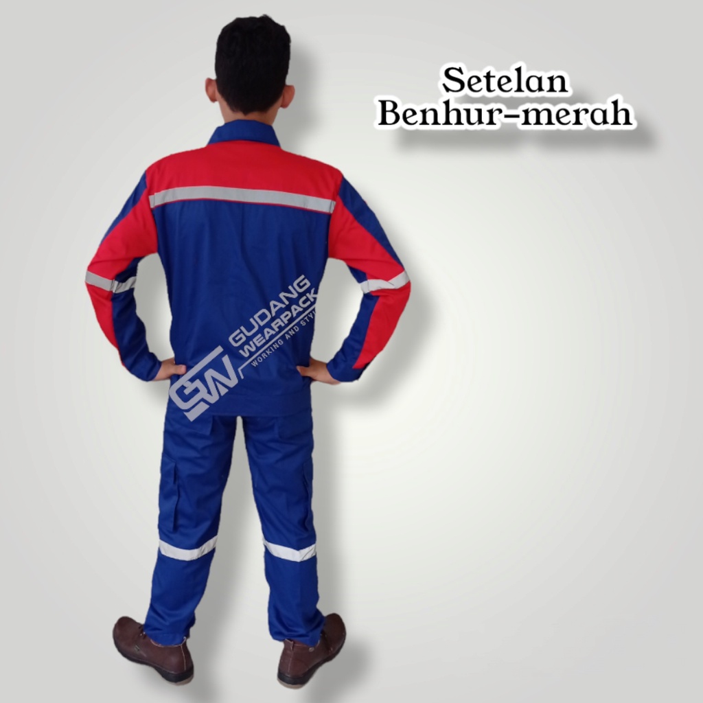 SETELAN Wearpack  BENHUR-MERAHlengan panjangsleting/ baju Kerja K3 (setelan standar)