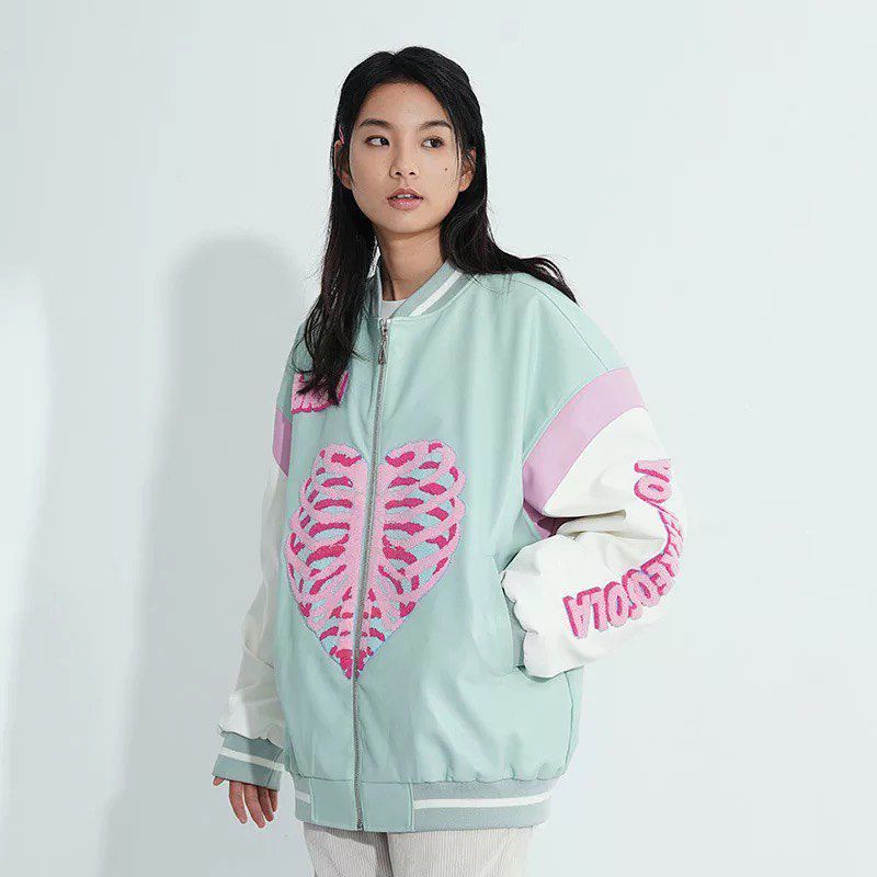 HEART VARSITY JAKET BISBOL WARNA MINT / KOREAN JACKET FASHION /CBIANA JAKET