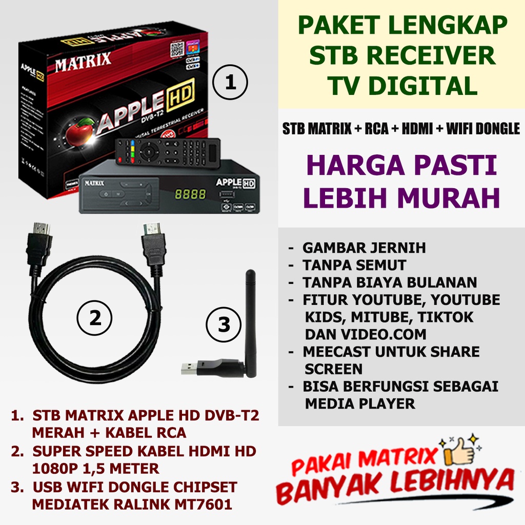 Set Top Box STB Receiver TV Digital Matrix Apple HD Merah DVB-T2 / USB WIFI Dongle Chipset Mediatek 