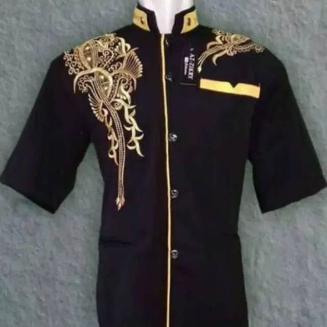 Busana muslim pria jasko hitam lis kuning lengan pendek bordil emas