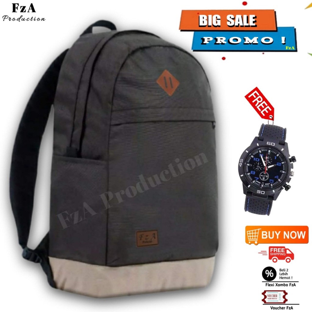 Tas Ransel Punggung Distro Casual Pria Wanita / Tas Ransel Laptop Original - FzA Gratis Jam Tangan Sporty