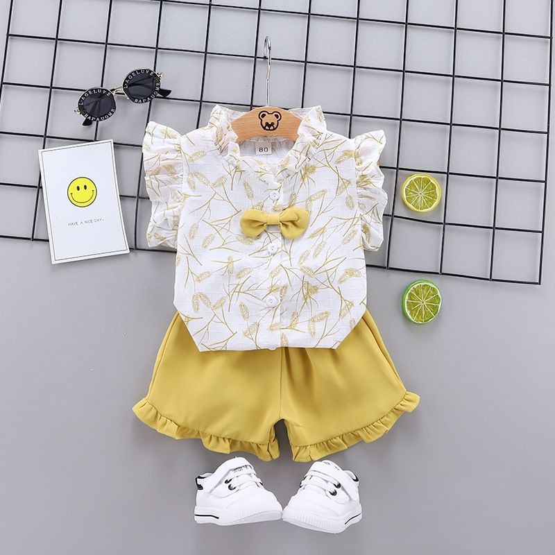 Setelan Anak Perempuan kemeja+celana pendek Set Anak Cewek keren style new arrival import-Kuning