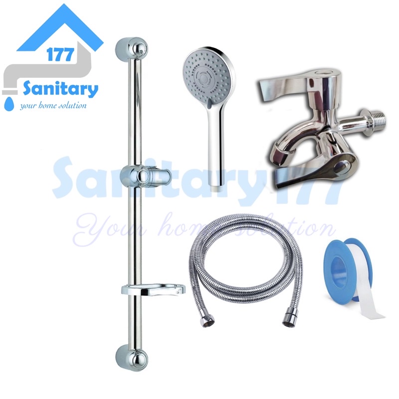 Paket Tiang HandShower 5in1 Murah T8110 &amp; Kran Cabang 6031-Shower Set Mandi semprotan 5fungsi