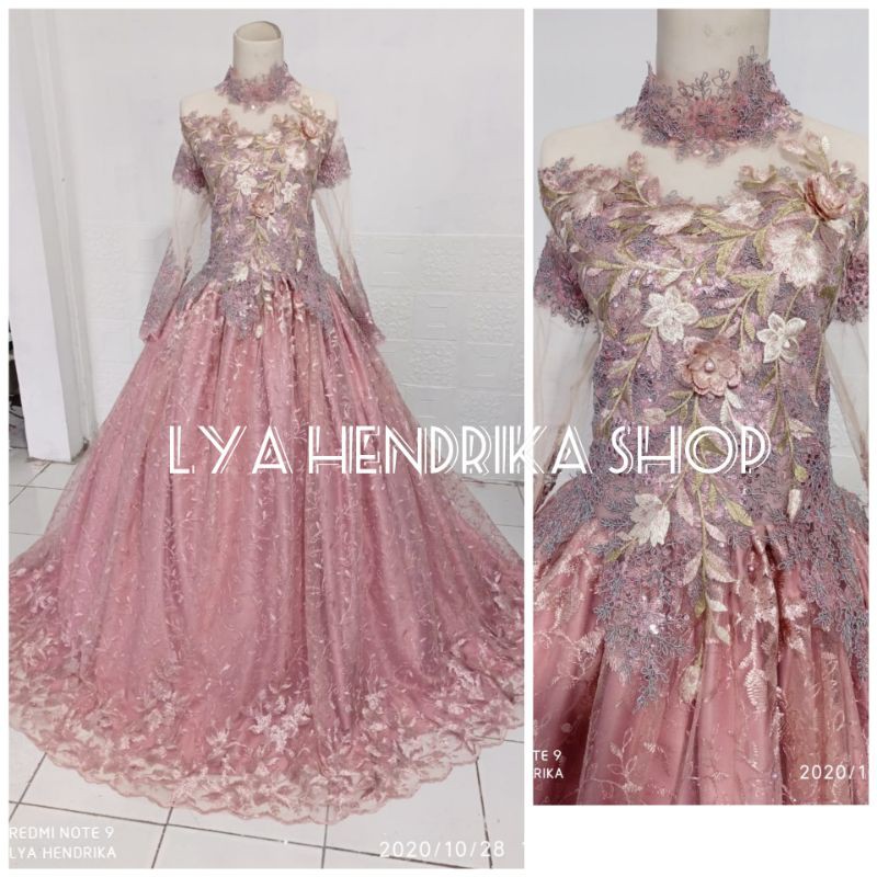 gaun pengantin rosegold tile akar mutiara