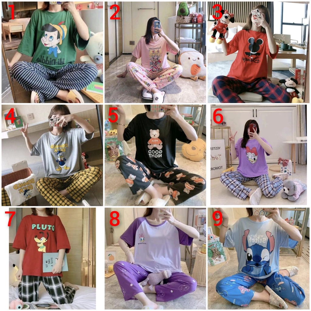 BAJU TIDUR PIYAMA WANITA CP SPANDEX IMPORT BERKUALITAS MOTIF KAOS LENGAN PENDEK SETELAN CELANA JOGGER PANJANG MOTIF TERBARU WARNA CERAH SIZE L-XXL FIT TO 75KG