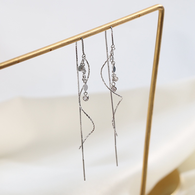 Elegant Silver Long Drop Earrings Anting Trendy Tassel Crystal Round Pendant Ear Line Women Jewelry Wedding Party Gift