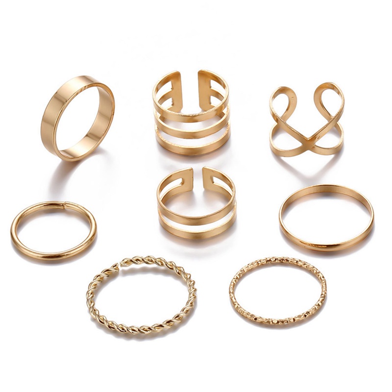 Fancyqube 8pcs / Set Cincin Geometris Bahan Alloy Warna Gold Ailver Untuk Wanita