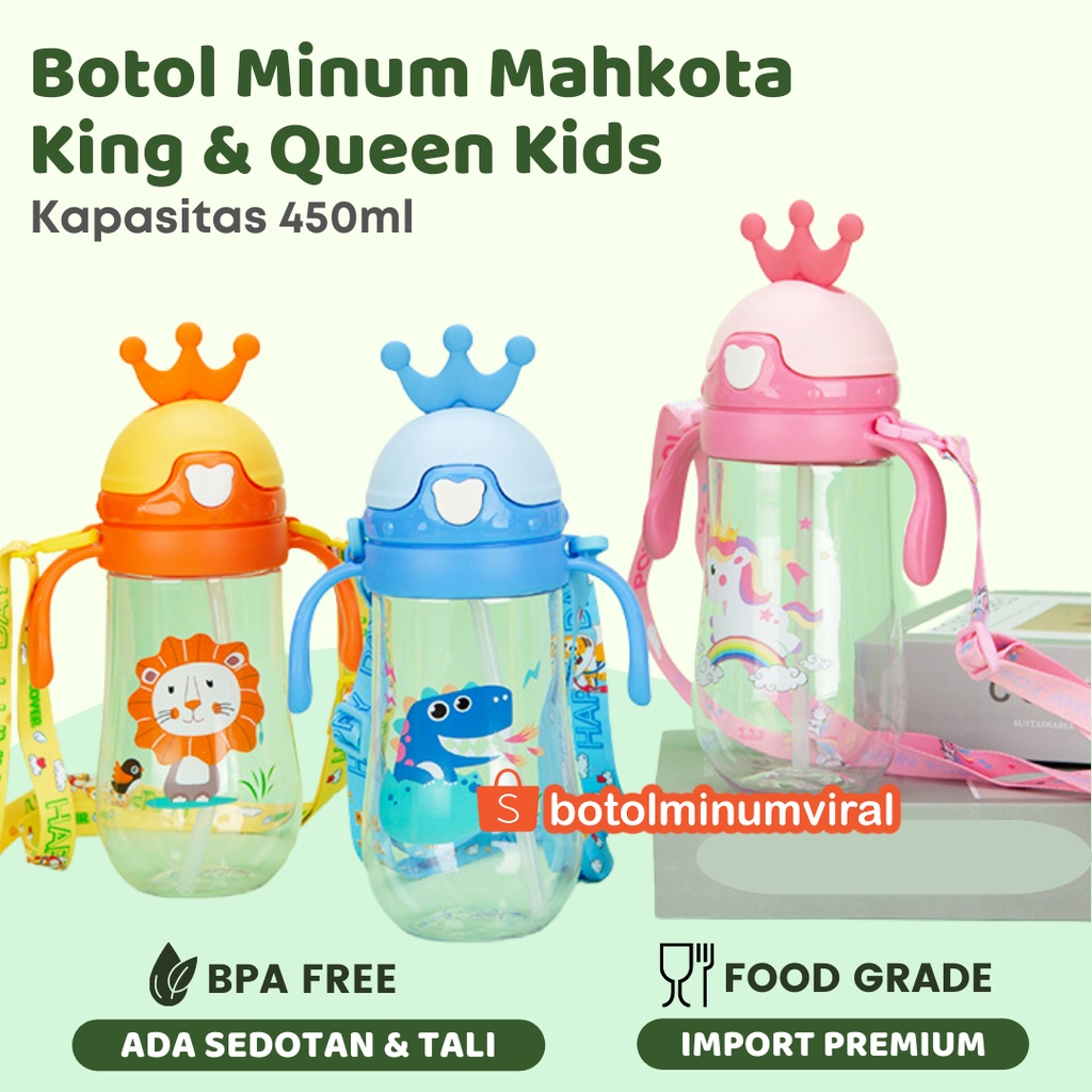 Botol Minum Anak Sekolah TK SD Ada Tali Sedotan BPA FREE Import 450ml Mahkota Premium