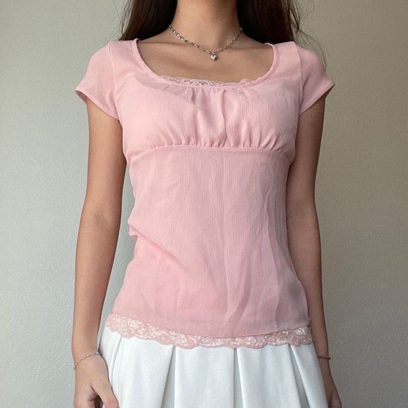 IAMHOTTY salt sweet lace girl heart pink top pure small sexy all-match chiffon T-shirt women