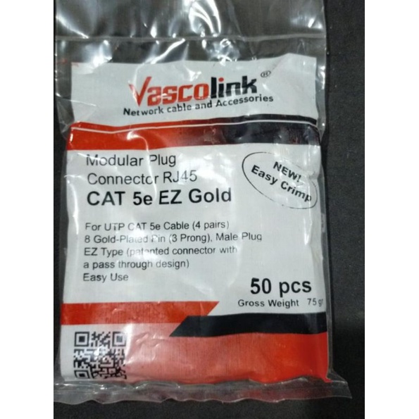 Konektor RJ45 Vascolink EZ GOLD UTP cat.5e Anti Gagal isi 50 pcs per pack | Connector RJ 45  cat5e