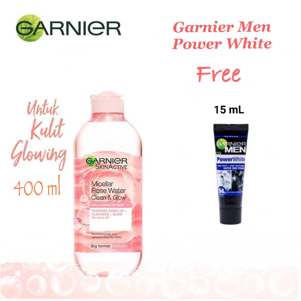Garnier micellar Rose Water & Glow Skin 400ml Free Facial Wash Garnier Men Power White 15m