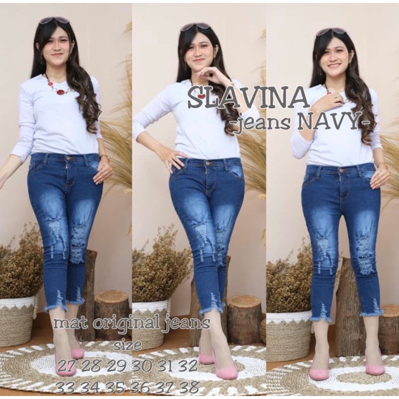 SLAVINA JEANS navy dan coco | 7/9 JEANS SOBEK TIDAK TEMBUS | PDK 7/9