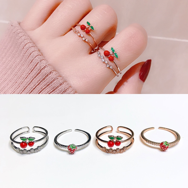 Cincin Model Terbuka Bahan Metal Desain Strawberry Cherry Hias Berlian Imitasi Gaya Jepangkorea Untuk Wanita