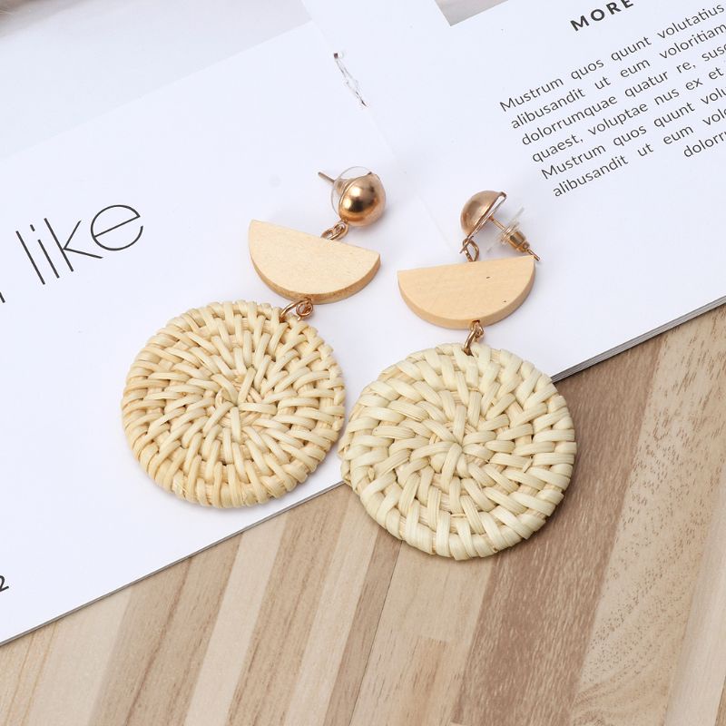 SIY  Handmade Wood Straw Weave Rattan Vine Braid Geometric Circle Square Earrings