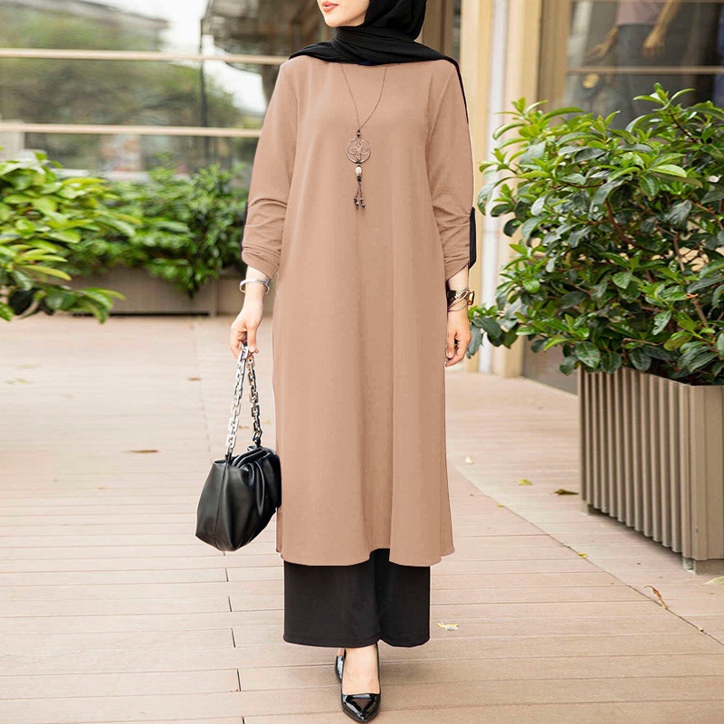 ZANZEA Women Casual Solid O Neck Long Sleeve Button Cuffs Split Hem Muslim Maxi Dress