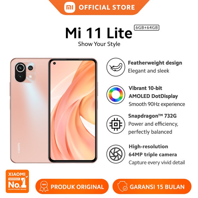 Xiaomi Mi 11 Lite (6GB+64GB) Qualcomm® Snapdragon™ 732G 64MP AI Kamera Layar 6,55” AMOLED FHD+ 4250m-Peach Pink
