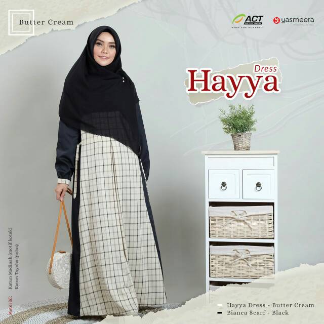 HAYYA DRESS BUTTER CREAM YASMEERA - GAMIS SYARI BRANDED TERBARU KATUN MADINA TOYOBO MOTIF KOTAK ADEM