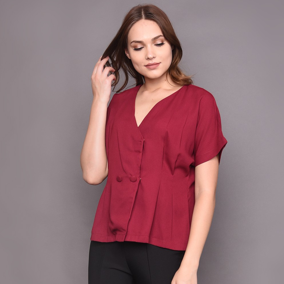 Kemeja Blus Lengan lucu Pendek dengan kancing bungkus merah maroon