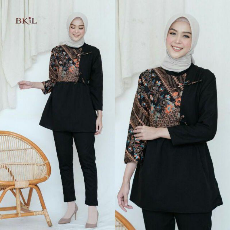 tey-17 Batik wanita ASJ SA HRB026 Kenongo Kemeja Tosca Pendek-Pita hitam. Kecil