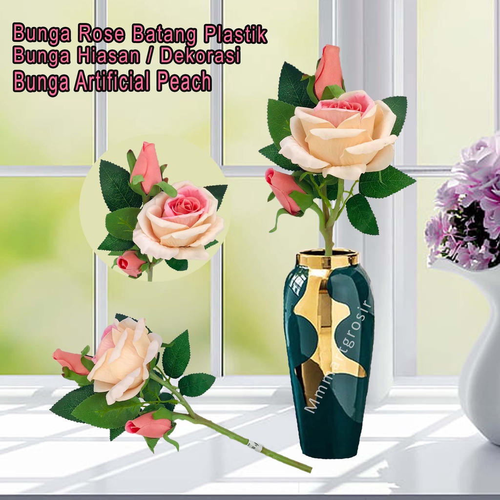 Bunga rose Batang Platik / Bunga Dekorasi / bunga Hias / bunga Artificial / peach